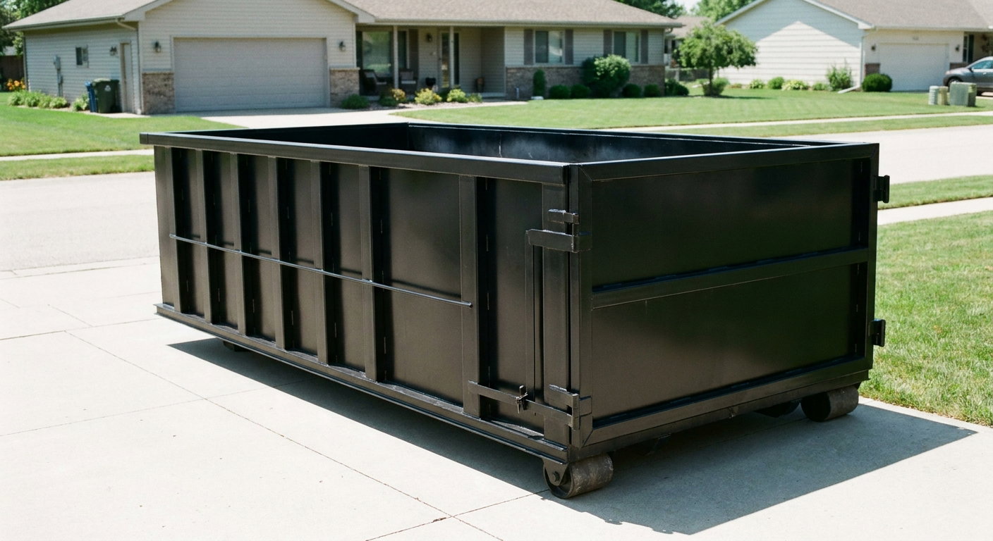 Matte-black 10-yard roll-off dumpster on a residential concrete driveway in Mobile, uniformly painted matte black across every panel and rail, ribbed steel sidewalls and rear swing door visible, mid-day daylight.