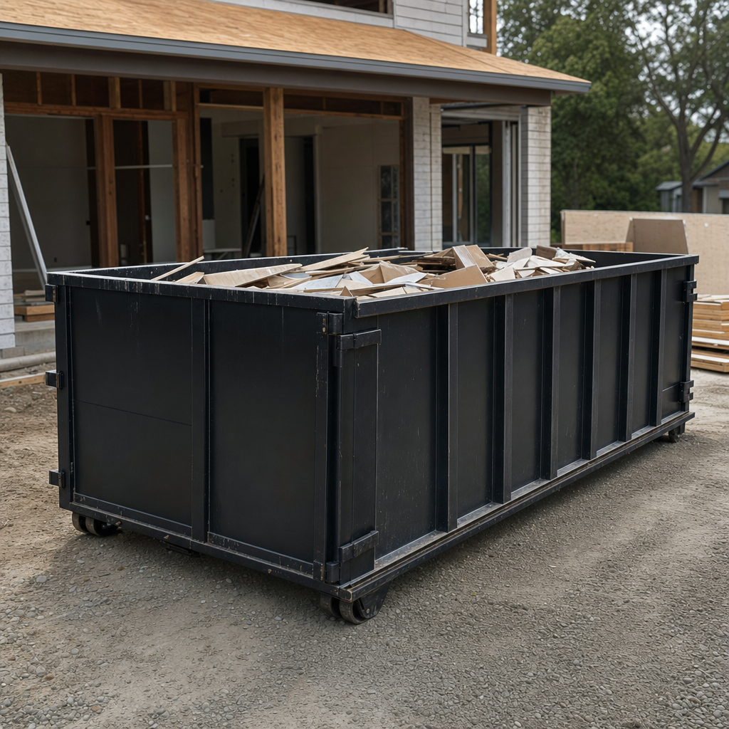 Large matte-black 30-yard construction roll-off dumpster at an active Mobile jobsite, steel-gray top rails and bottom rollers visible, loaded with construction debris.