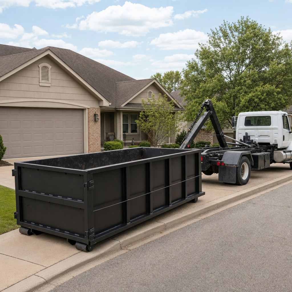Wide documentary shot of a matte-black roll-off dumpster on a Mobile residential driveway in the foreground and a contractor jobsite container in the soft-focus background, bright daylight, calm and orderly composition.