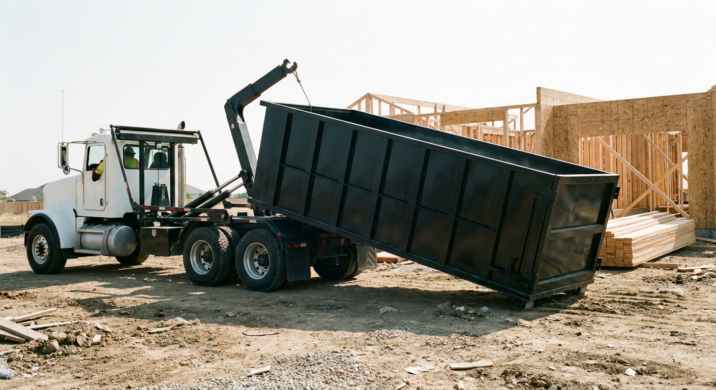 Matte-black roll-off dumpster being delivered onto a clean residential concrete driveway in Mobile by an unmarked white hooklift hauler truck, bright morning daylight, documentary 35mm perspective.